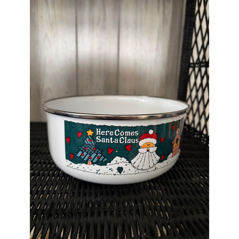 Vintage Christmas Enamel Bowl Here Comes Santa Claus Holiday Serving Bowl